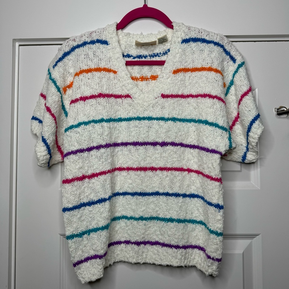 Vintage White Striped Short-Sleeve Sweater with Multicolor Stripes